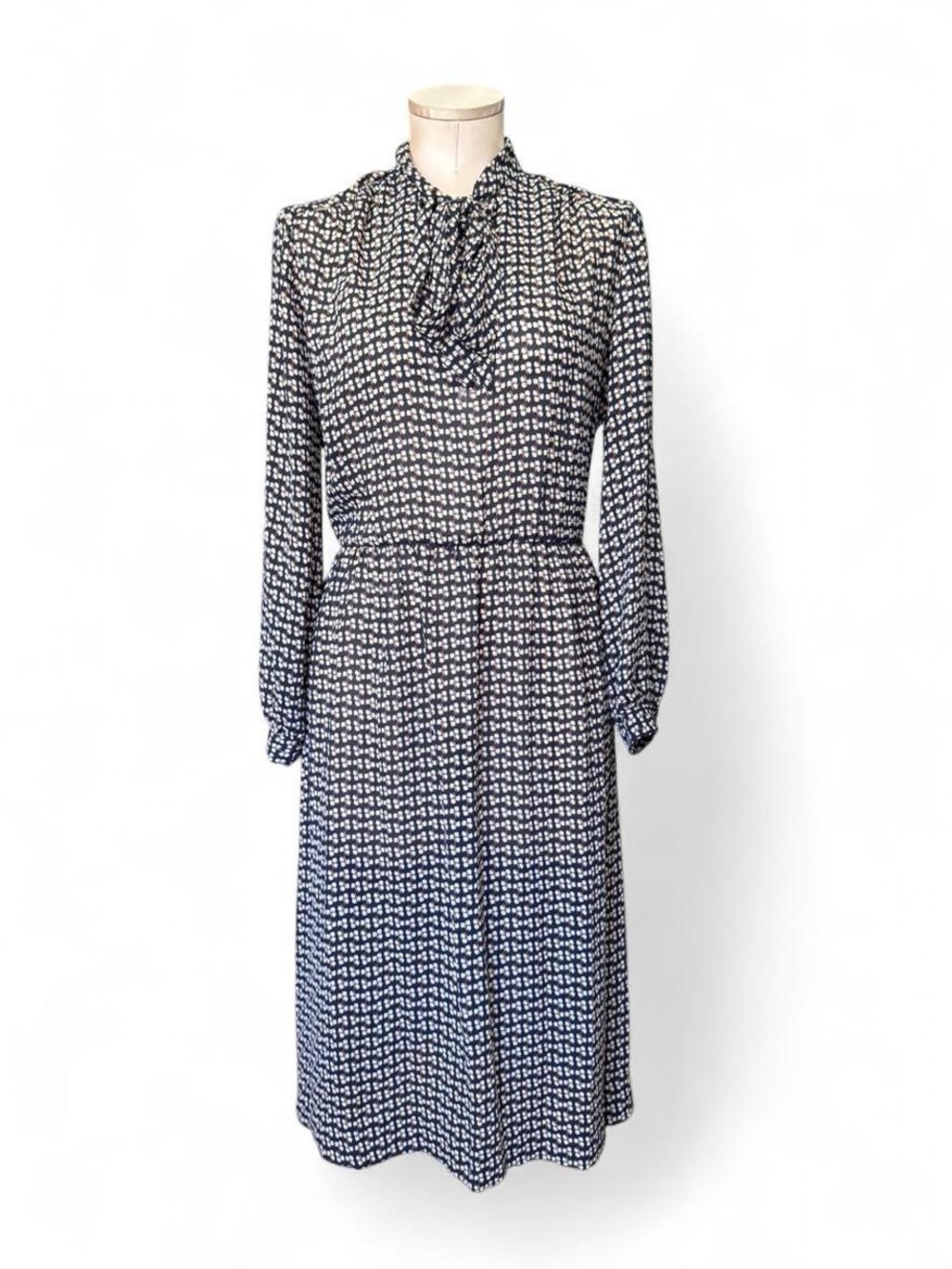 Classic Vintage Navy & Ivory Print Tie-Neck Midi Dress